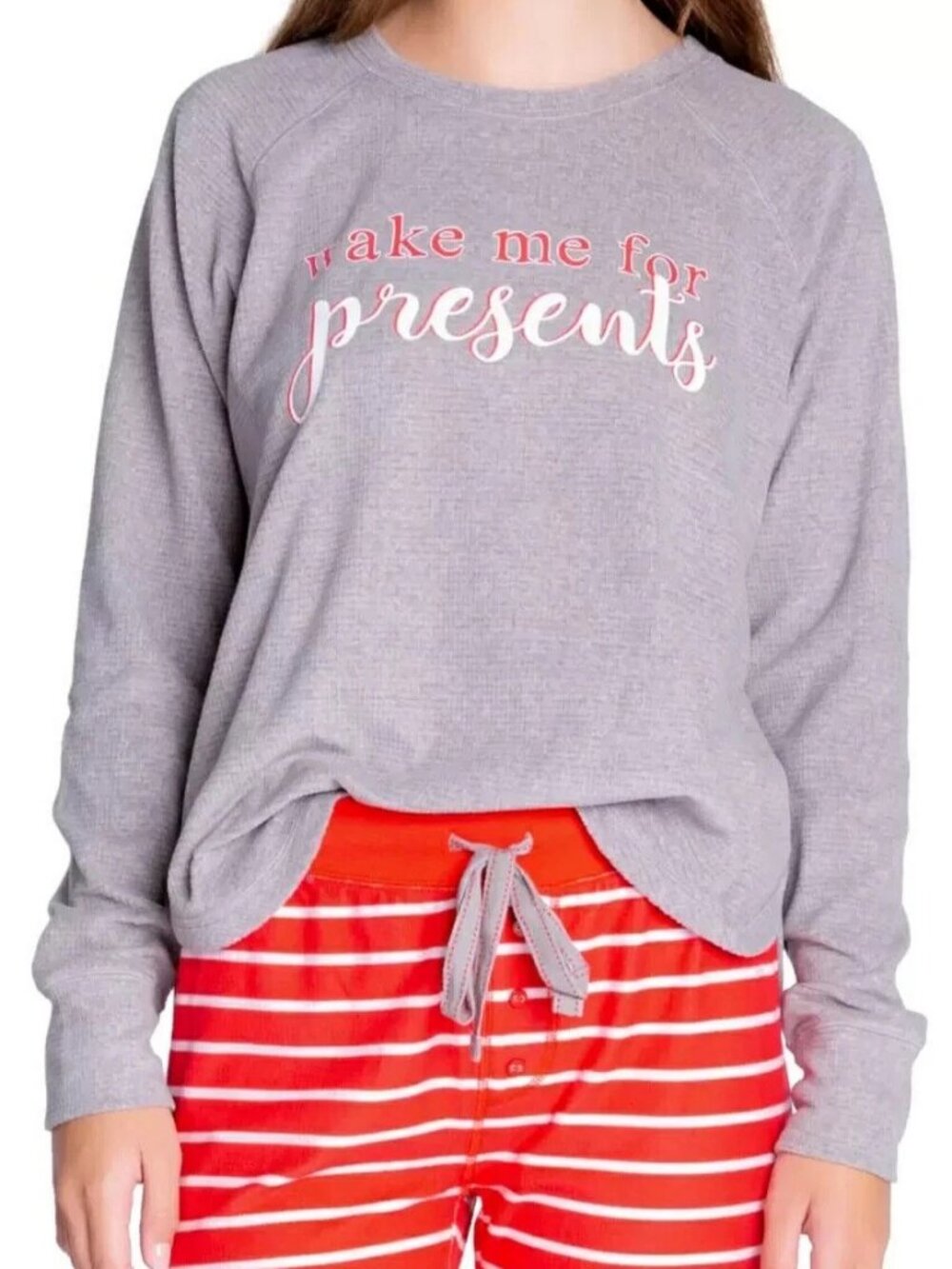 Insomniax Women's Long Sleeve Pajama Top, Gray Wake Me For Presents, Large